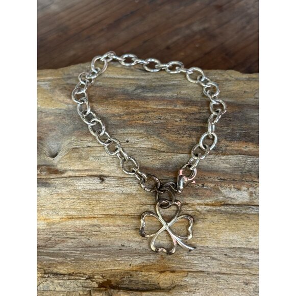 Sterling Silver Chain Bracelet With Four-Leaf Clover Charm 7.52g - Picture 5 of 5